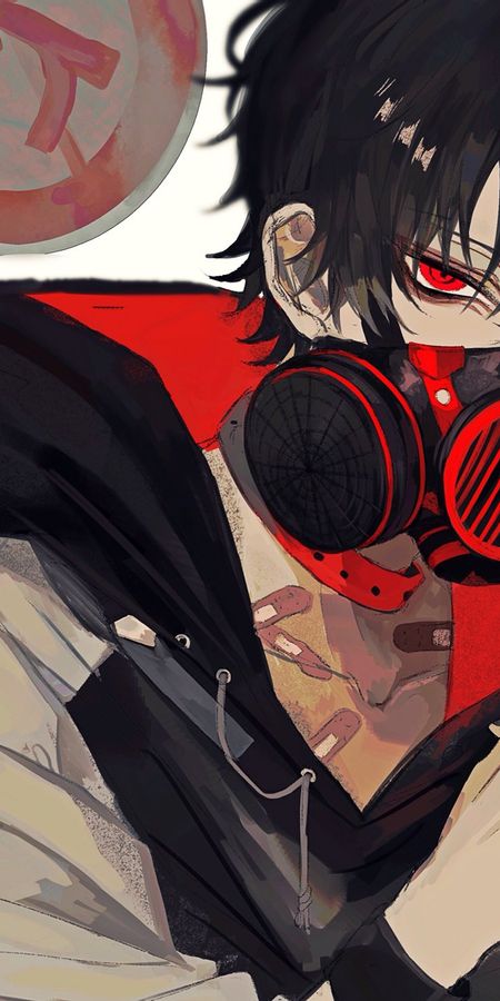 Phone wallpaper: Anime, Bandage, Gas Mask, Original, Red Eyes, Black Hair, Short Hair free download