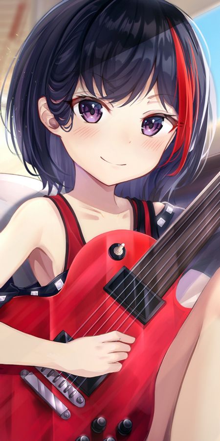 Phone wallpaper: Anime, Guitar, Blush, Blue Hair, Short Hair, Purple Eyes, Ran Mitake, Bang Dream! Girls Band Party! free download
