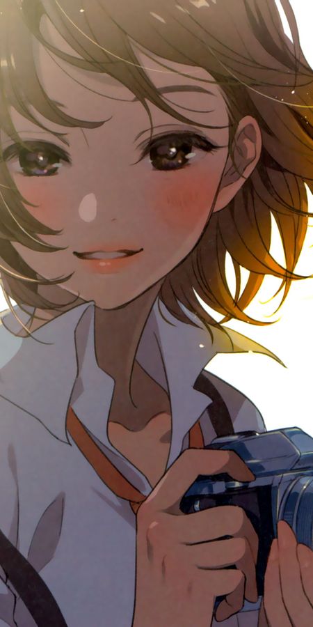 Phone wallpaper: Anime, Smile, Camera, Original, Brown Eyes, Brown Hair, Short Hair free download