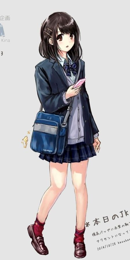 Phone wallpaper: Anime, Bag, Original, School Uniform, Brown Eyes, Black Hair, Short Hair free download