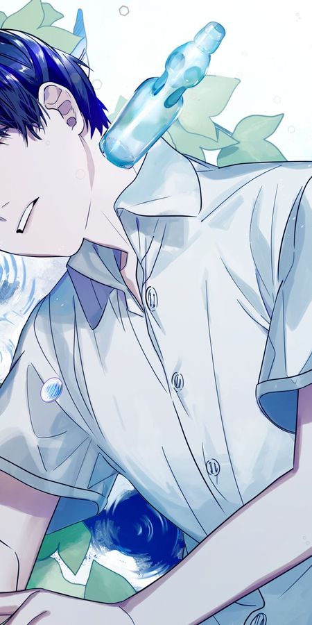 Phone wallpaper: Anime, Flower, Bottle, Blue Eyes, Original, Blue Hair, Short Hair free download