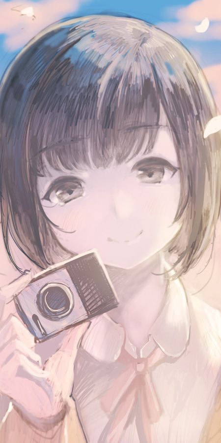 Phone wallpaper: Anime, Smile, Camera, Original, Brown Eyes, Black Hair, Short Hair free download