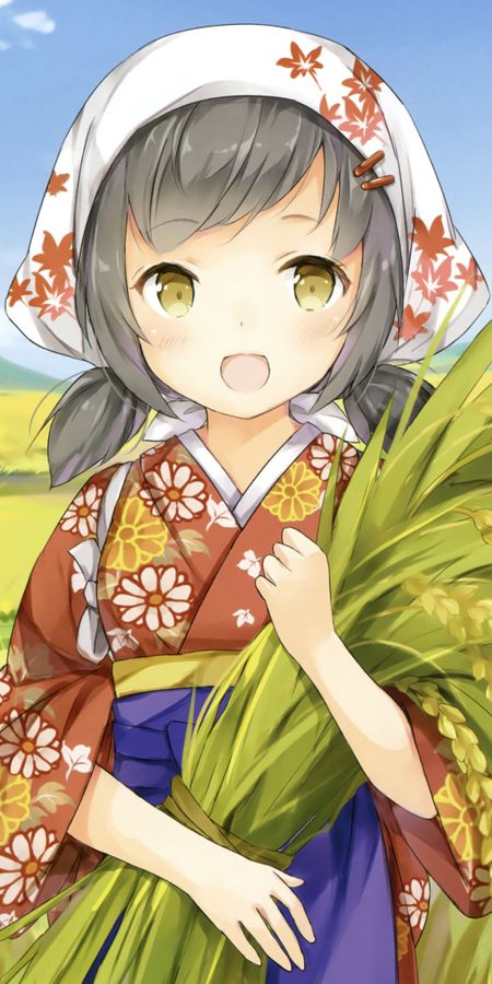 Phone wallpaper: Anime, Smile, Kimono, Corn, Yellow Eyes, Original, Blush, Black Hair, Short Hair, Twintails free download
