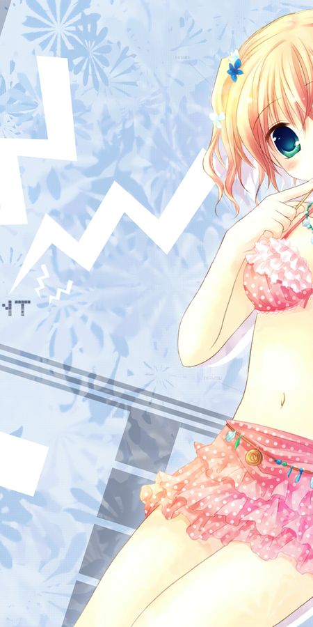 Phone wallpaper: Anime, Flower, Bag, Blonde, Lollipop, Green Eyes, Original, Short Hair, Bikini free download