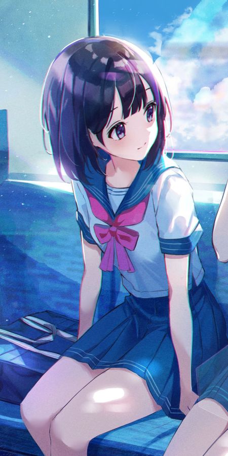 Phone wallpaper: Anime, Girl, Skirt, School Uniform, Short Hair, Purple Hair free download