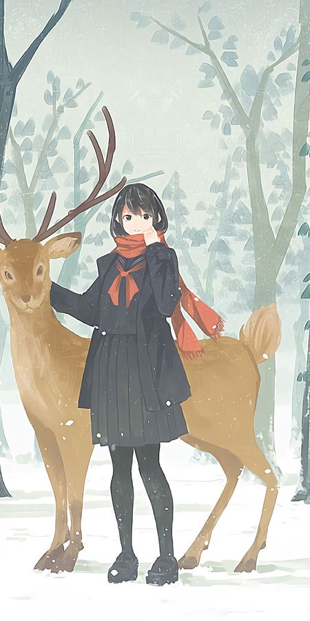 Phone wallpaper: Anime, Snow, Girl, Deer, School Uniform, Short Hair free download