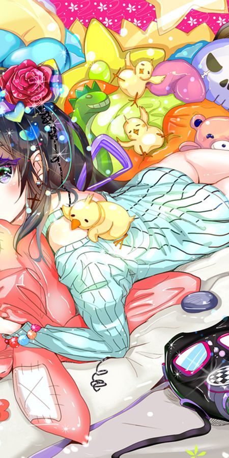 Phone wallpaper: Anime, Flower, Gas Mask, Pillow, Sweater, Original, Short Hair free download