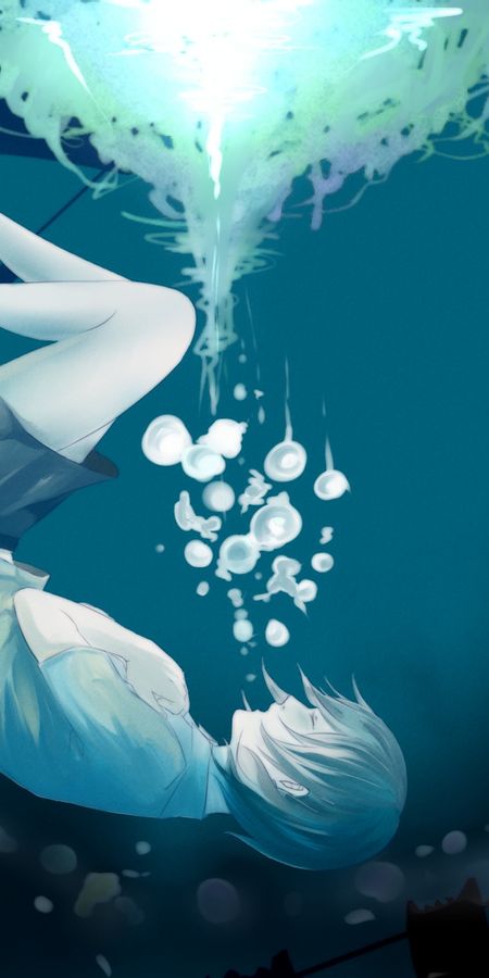 Phone wallpaper: Anime, Jellyfish, Underwater, Bubble, Original, Short Hair, White Hair free download