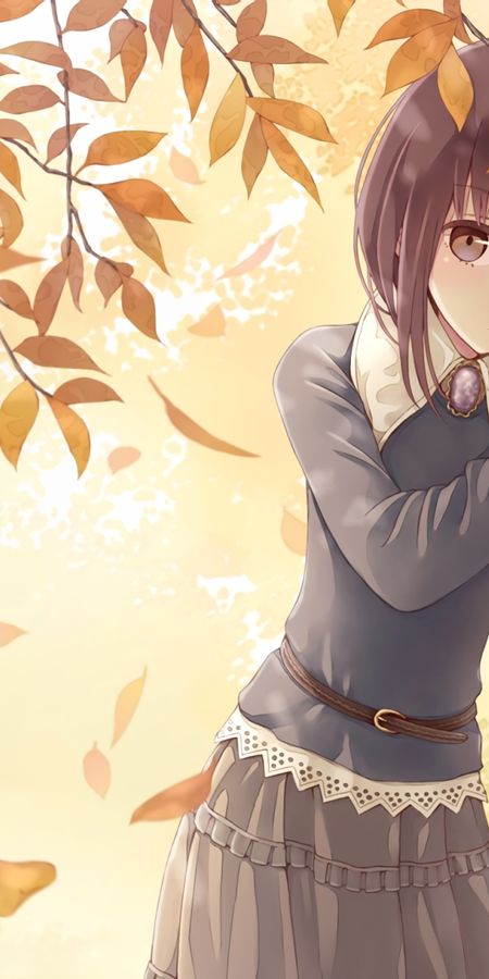 Phone wallpaper: Anime, Leaf, Wall, Girl, Skirt, Short Hair free download
