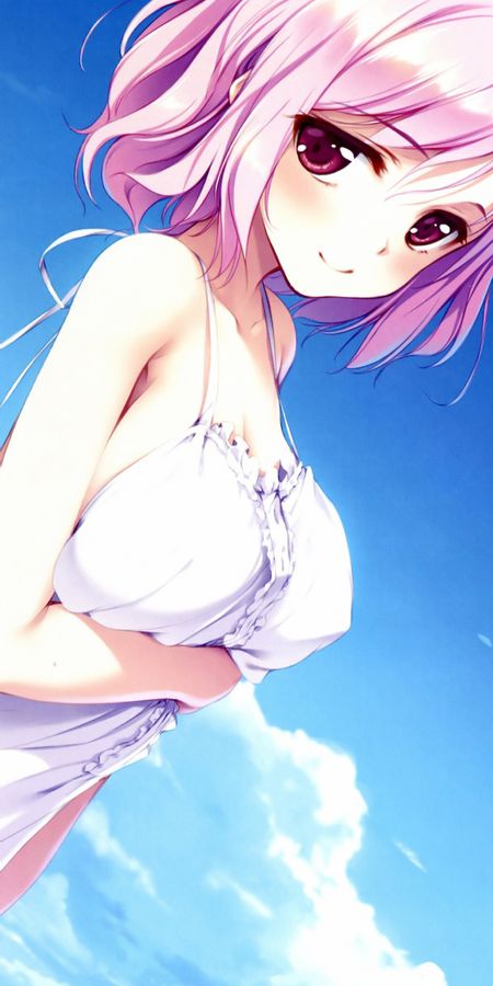 Phone wallpaper: Anime, Girl, Dress, Pink Hair, Short Hair, Purple Eyes free download