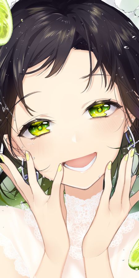 Phone wallpaper: Anime, Lime, Earrings, Green Eyes, Original, Black Hair, Short Hair free download