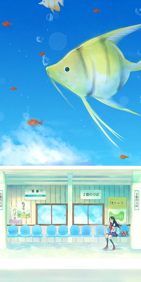 Phone wallpaper: Anime, Fish, Blonde, Underwater, Original, School Uniform, Black Hair, Long Hair, Short Hair free download
