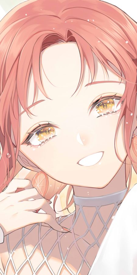 Phone wallpaper: Anime, Girl, Yellow Eyes, Earrings, Short Hair, Red Hair, Orange (Fruit) free download