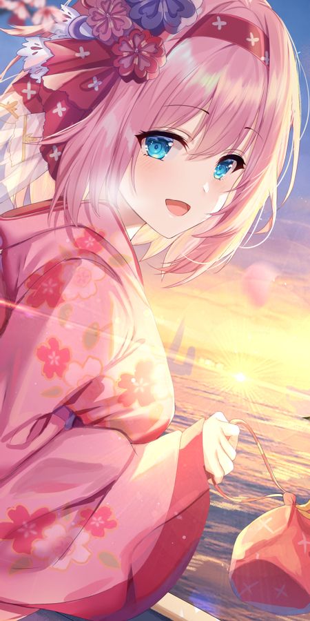 Phone wallpaper: Anime, Kimono, Pink Hair, Short Hair, Aqua Eyes, Japanese Clothes, Princess Connect! Re:dive, Yui Kusano free download