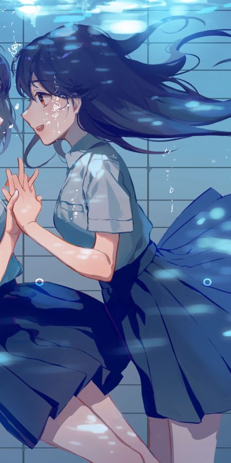 Phone wallpaper: Anime, Water, Smile, Girl, Bubble, Blue Hair, Brown Eyes, Long Hair, Short Hair free download