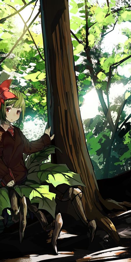 Phone wallpaper: Anime, Flower, Forest, Leaf, Bag, Green Hair, Original, Red Eyes, Short Hair free download