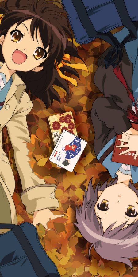 Phone wallpaper: Anime, Skirt, School Uniform, Brown Eyes, Brown Hair, Short Hair, Haruhi Suzumiya, The Melancholy Of Haruhi Suzumiya, Yuki Nagato, Mikuru Asahina free download