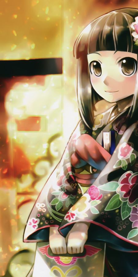 Phone wallpaper: Anime, Flower, Smile, Kimono, Original, Brown Eyes, Black Hair, Short Hair free download