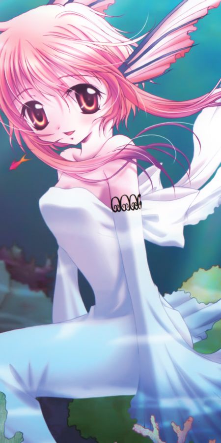 Phone wallpaper: Anime, Coral, Smile, Fish, Original, Pink Hair, Mermaid, Blush, Short Hair, Pink Eyes free download