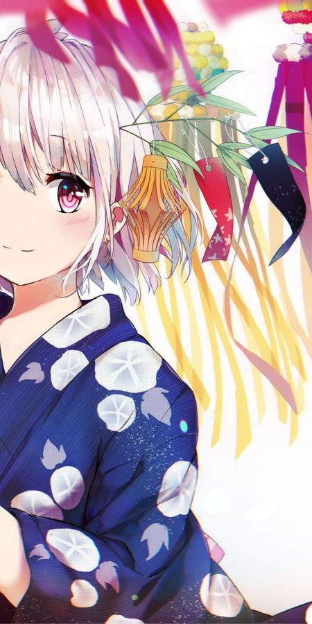 Phone wallpaper: Anime, Kimono, Original, Short Hair, White Hair free download