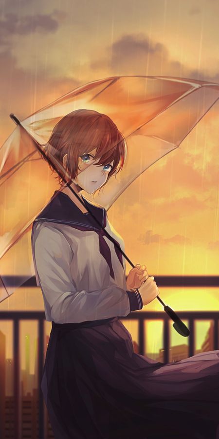 Phone wallpaper: Anime, Rain, City, Umbrella, Blue Eyes, Original, Brown Hair, Short Hair free download
