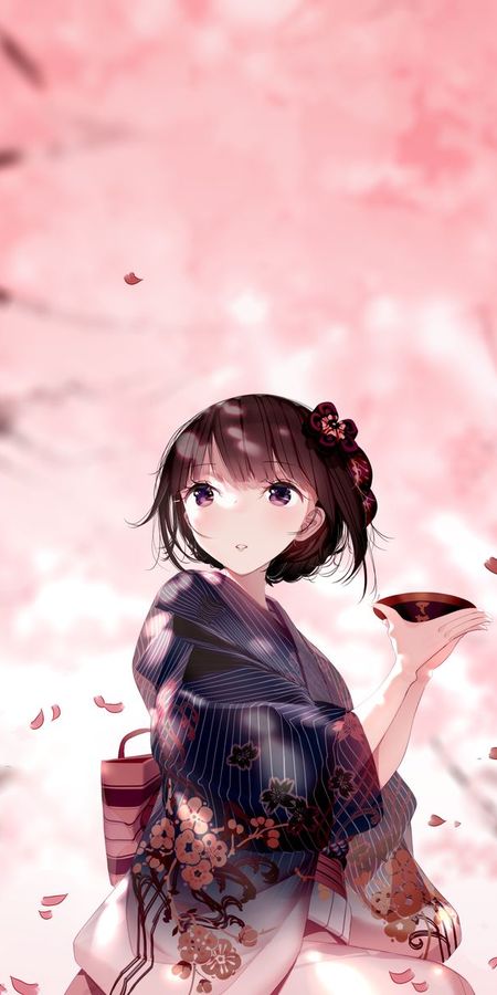 Phone wallpaper: Anime, Kimono, Cherry Blossom, Original, Brown Hair, Short Hair, Purple Eyes free download