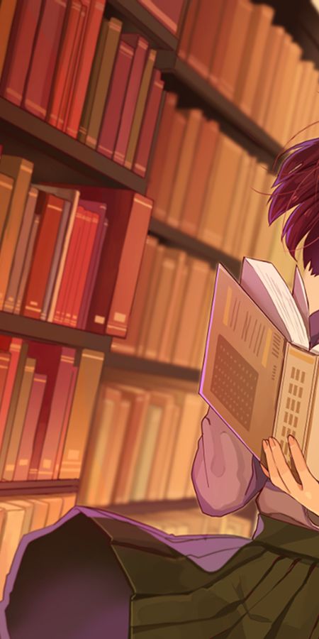 Phone wallpaper: Anime, Cat, Girl, Book, Library, Brown Hair, Short Hair free download
