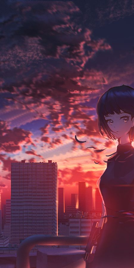 Phone wallpaper: Anime, Sunset, Sky, City, Original, Short Hair free download