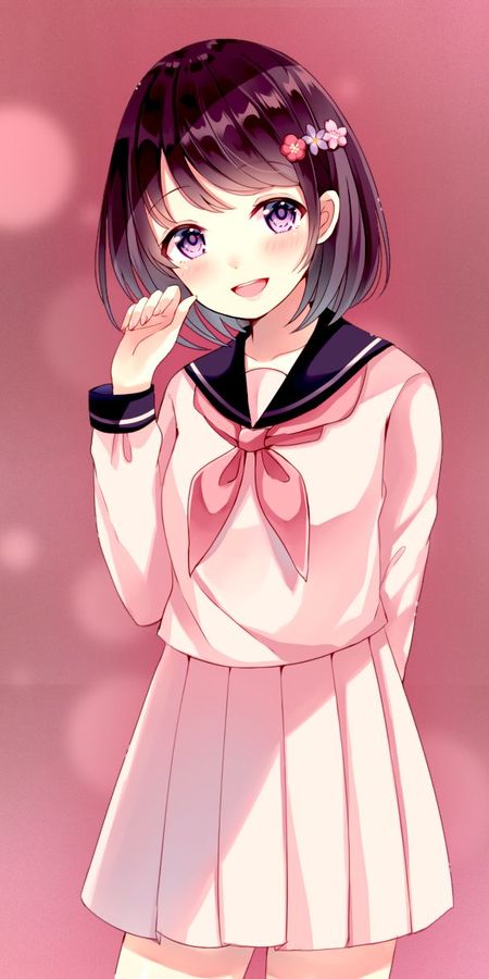 Phone wallpaper: Anime, Pink, Original, School Uniform, Short Hair, Hairpin free download