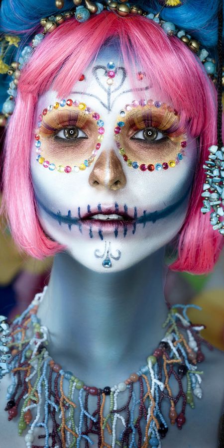 Phone wallpaper: Artistic, Face, Makeup, Necklace, Pink Hair, Short Hair, Sugar Skull, Day Of The Dead free download