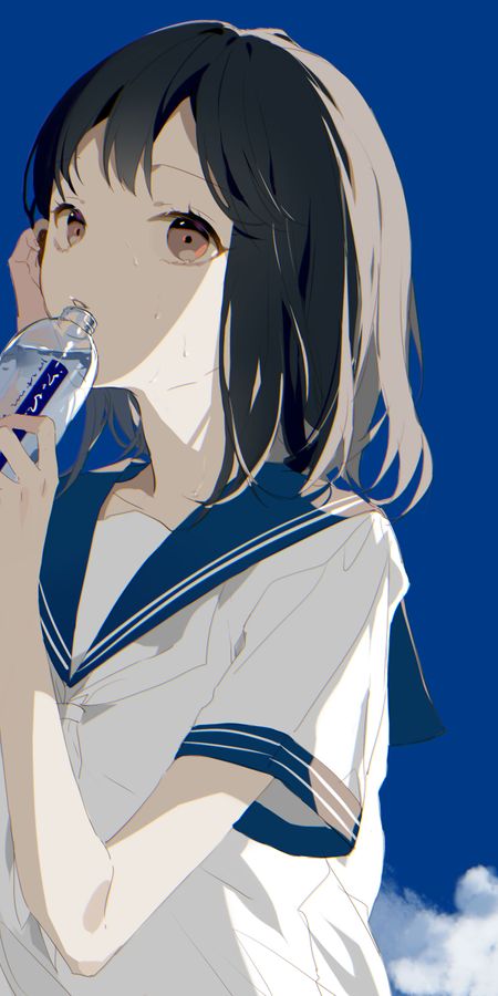 Phone wallpaper: Anime, Bottle, Original, Brown Eyes, Black Hair, Short Hair free download