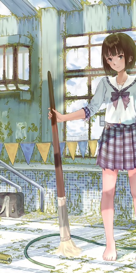 Phone wallpaper: Anime, Skirt, Schoolgirl, Original, School Uniform, Feet, Broom, Short Hair free download