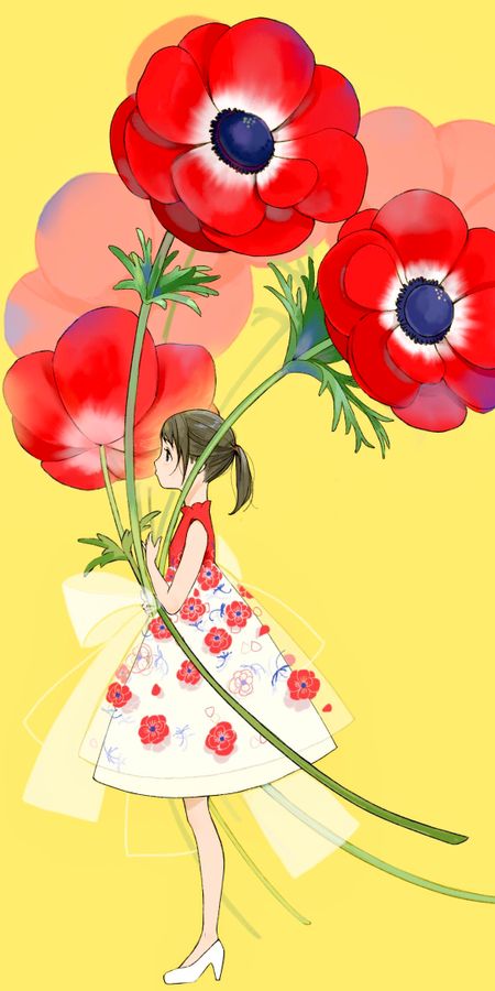 Phone wallpaper: Anime, Flower, Poppy, Original, Black Hair, Short Hair, Bow (Clothing) free download