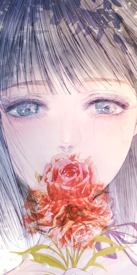 Phone wallpaper: Anime, Flower, Blue Eyes, Original, Short Hair, White Hair free download