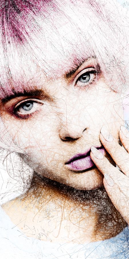 Phone wallpaper: Drawing, Artistic, Face, Women, Blue Eyes, Pink Hair, Short Hair, Lipstick free download
