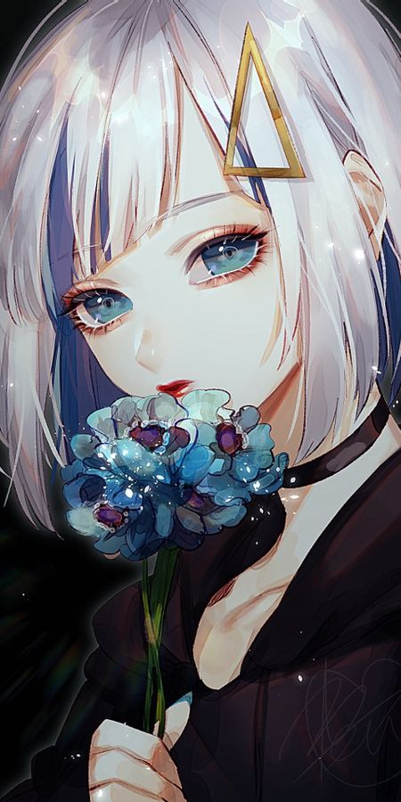 Phone wallpaper: Anime, Flower, Hoodie, Blue Eyes, Original, Short Hair, Grey Hair free download