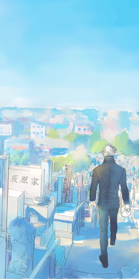 Phone wallpaper: Anime, White Hair, Cemetery, Satoru Gojo, Jujutsu Kaisen free download