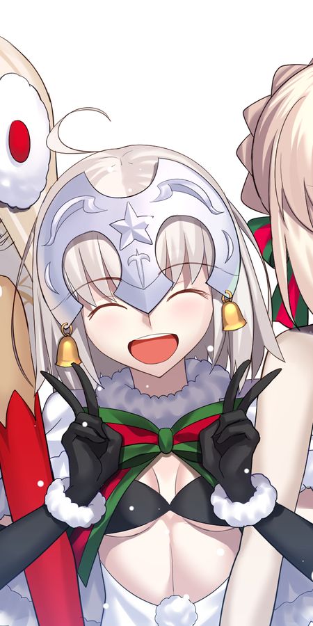 Phone wallpaper: Anime, Smile, Dress, Bell, Santa, Blush, Popsicle, Red Eyes, Long Hair, Brown Hair, Short Hair, Saber (Fate Series), White Hair, Bow (Clothing), Fate/grand Order, Jeanne D'arc (Fate Series), Artoria Pendragon (Alter), Jeanne D'arc