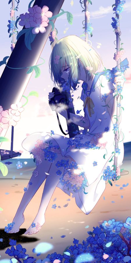 Phone wallpaper: Anime, Flower, Girl, Swing, Sad, Tears, Short Hair free download