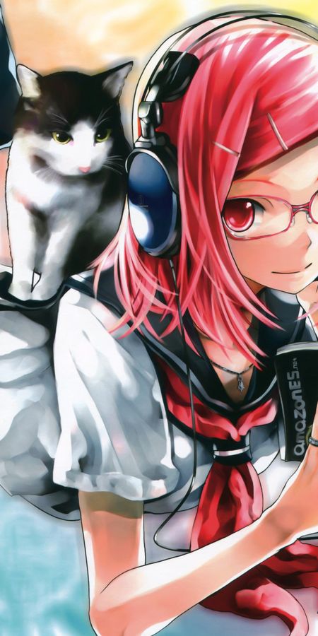 Phone wallpaper: Anime, Headphones, Cat, Smile, Book, Glasses, Pink Hair, Red Eyes, Short Hair free download